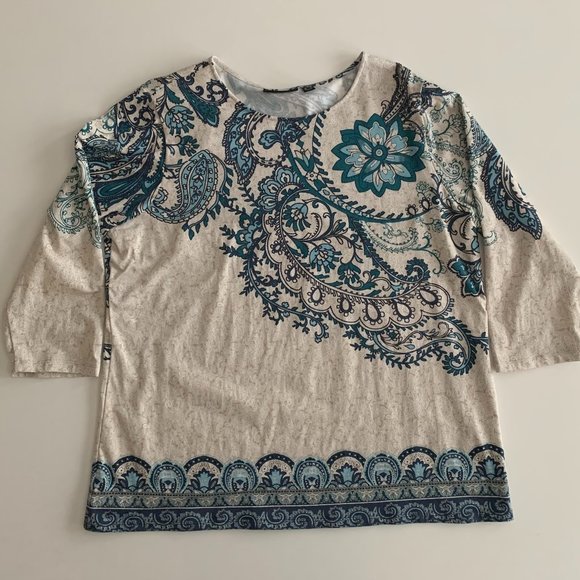 NWOT Susan Graver Weekend Oatmeal/Blue Size Large 3/4 Length Sleeve Cotton Blend - Picture 3 of 11